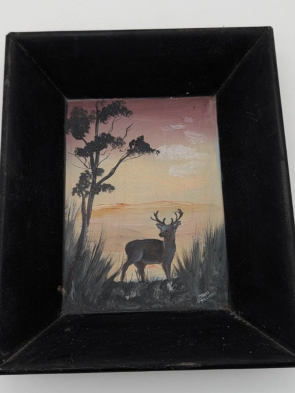 vintage painted deep metal tray dish stag deer forest sunset by janke peeters